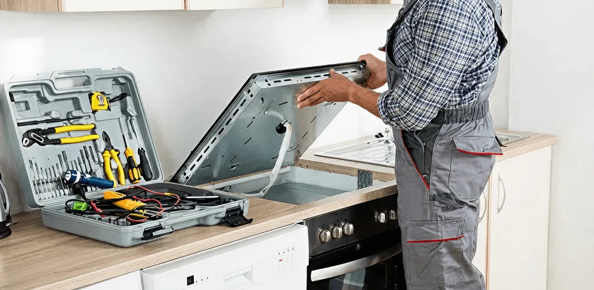 Handyman repairing a cooktop and checking wiring connections in Phoenix, AZ